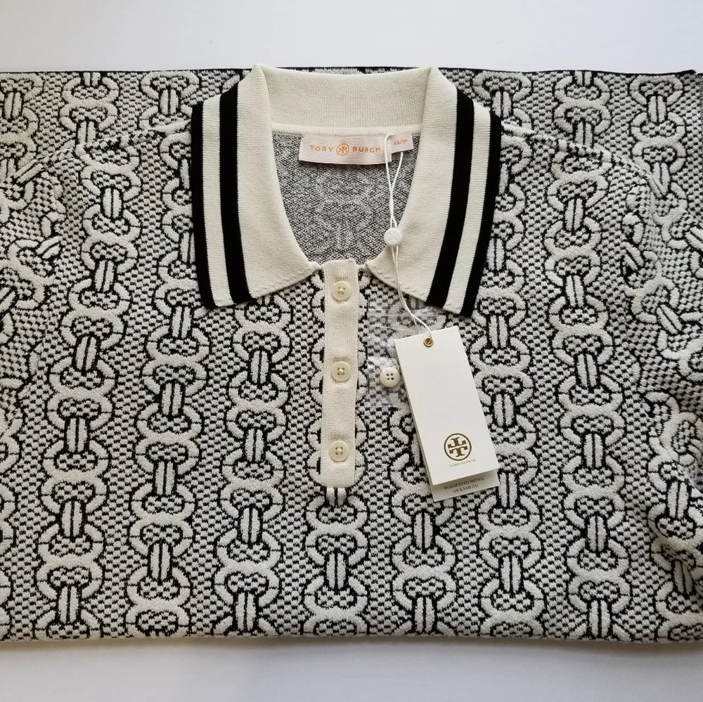 NWT Tory Burch Gemini Link Sweater Polo Shirt Top in New Ivory Black Size S $348